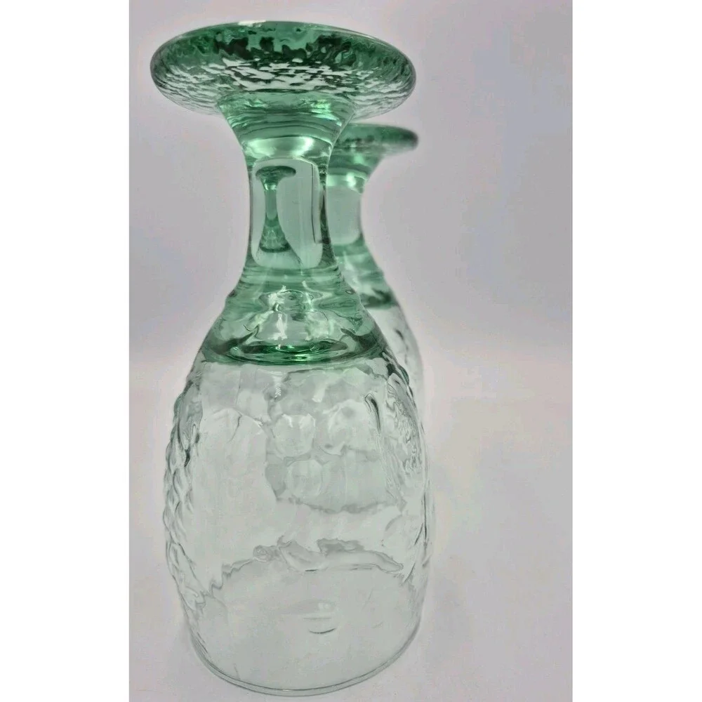 Set of 2 VTG Libbey Glass Orchard Fruit Pattern Green Tinted Footed Goblets 7